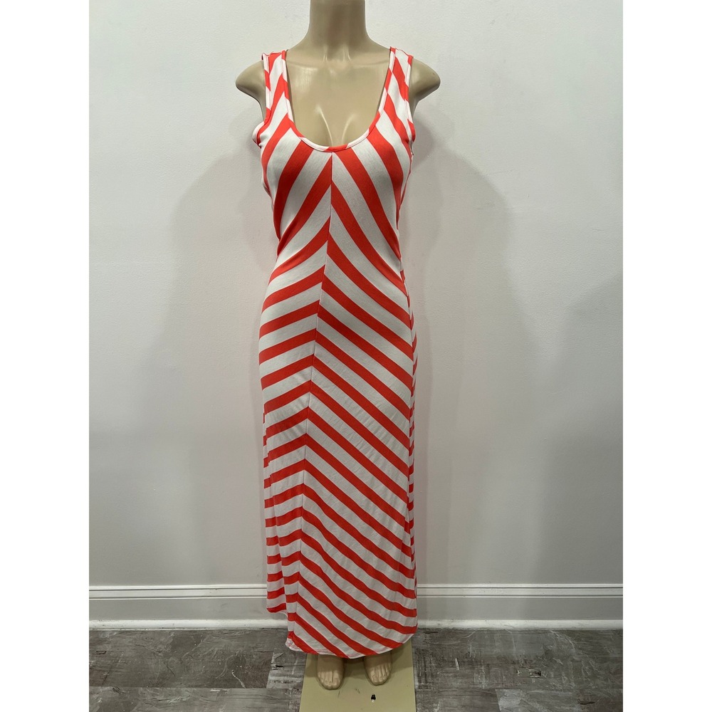 2b Bebe Womens Maxi Dress Orange White Striped Open Draped Back Size Small